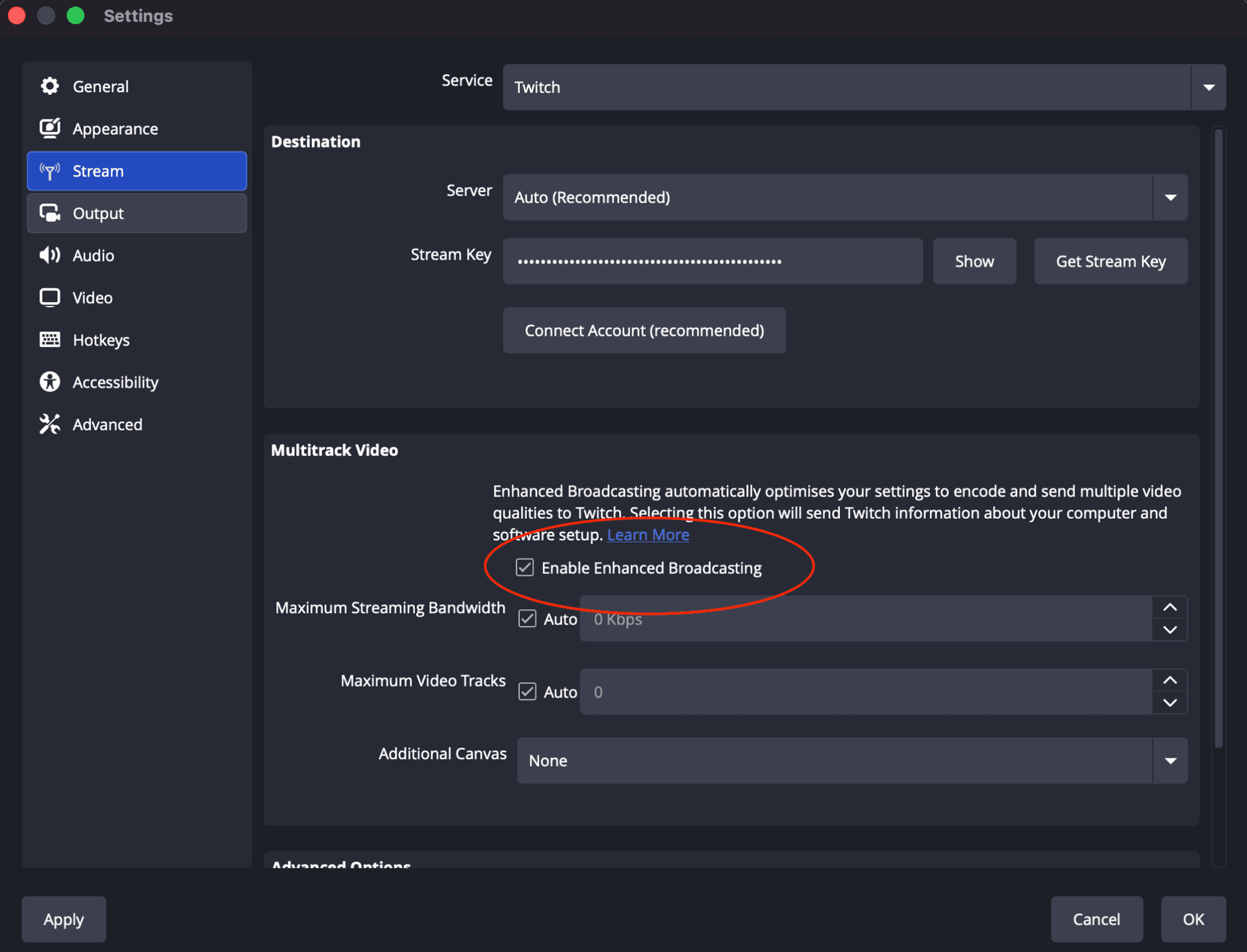 OBS Stream settings showing the Twitch service with Enable Enhanced Broadcasting unchecked