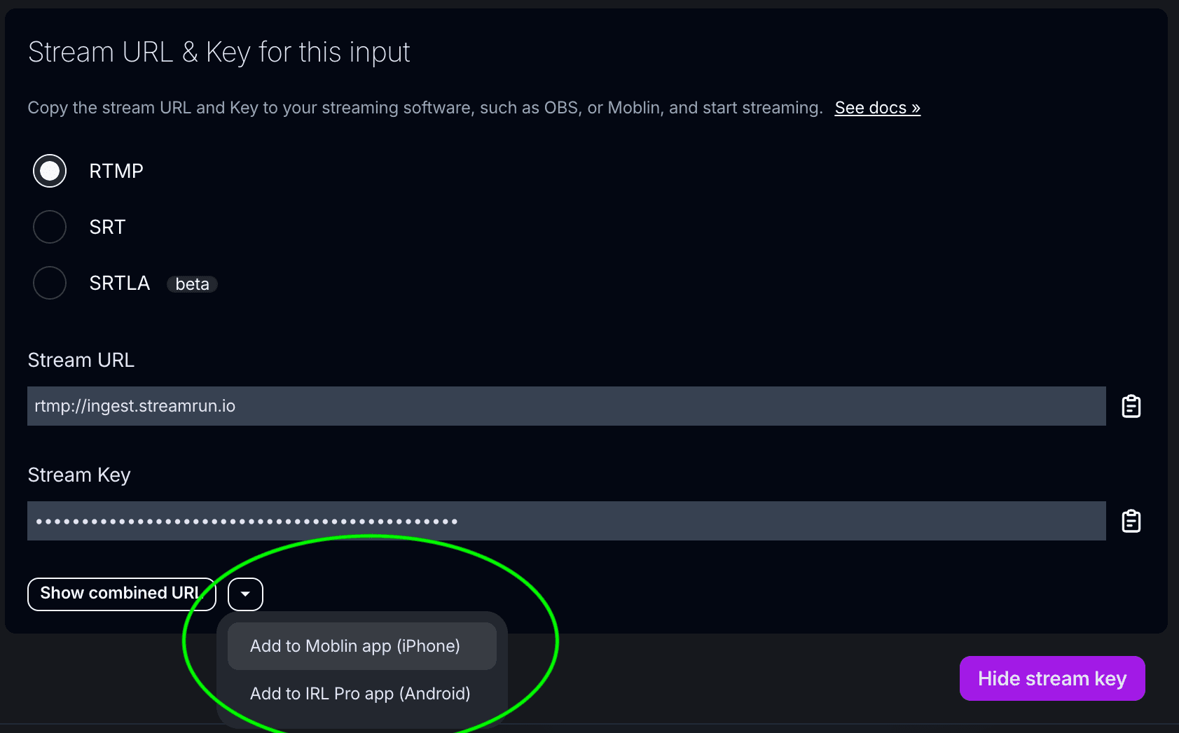 Add Streamrun settings to Moblin or IRL Pro
