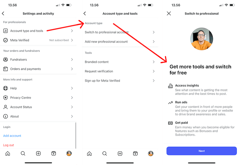Instagram account type settings