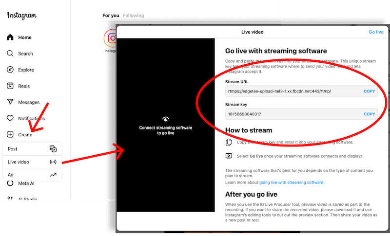Start live stream with Instagram