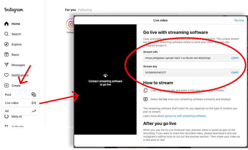Start live stream with Instagram